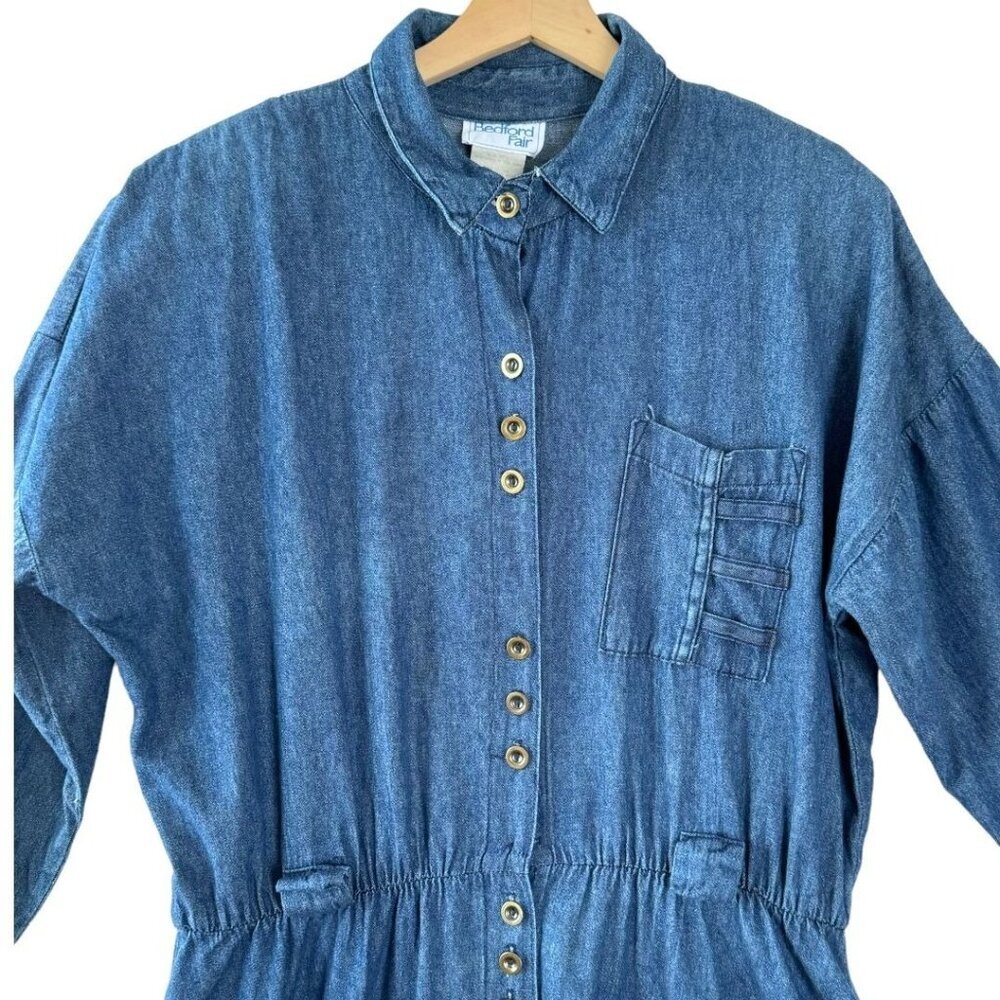 80s Vintage Bedford Fair Bracelet Sleeve Elastic Waist Denim Midi Dress Size L - Picture 2 of 8
